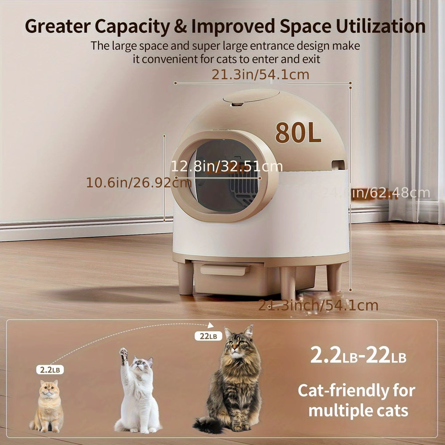 Self Cleaning Cat Litter Box for Multiple Cats, 80L Large Smart Automatic Cat Litter Box Wifi APP Control, Safety Protection