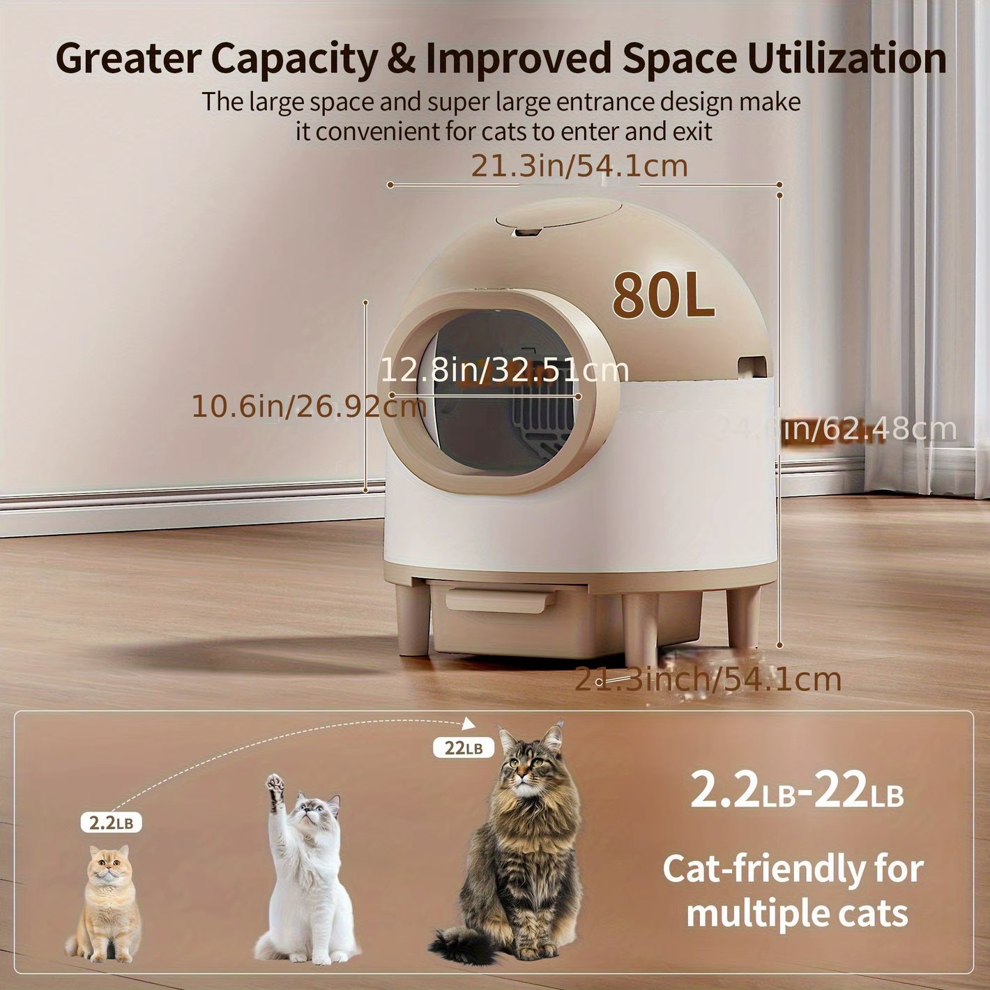 Self Cleaning Cat Litter Box for Multiple Cats, 80L Large Smart Automatic Cat Litter Box Wifi APP Control, Safety Protection
